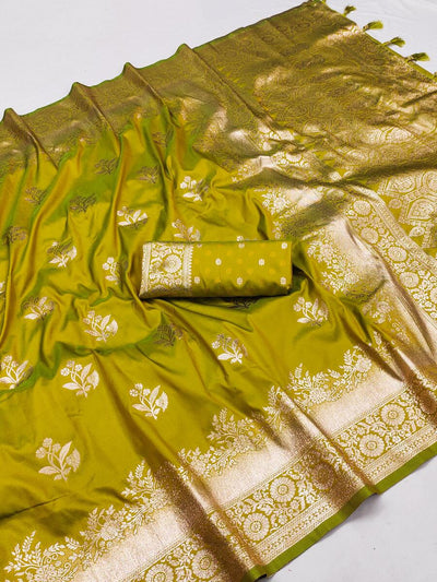 Staring Mehndi Soft Banarasi Silk Saree With Skinny Blouse Piece
