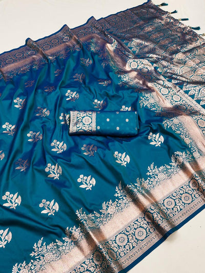 Delectable Teal Blue Soft Banarasi Silk Saree With Admirable Blouse Piece