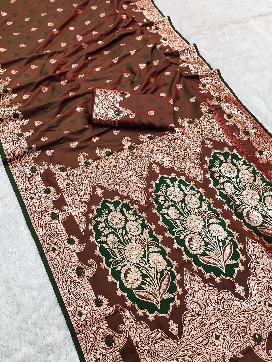 Lovely Brown Soft Banarasi Silk Saree With Cynosure Blouse Piece