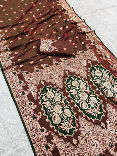 Lovely Brown Soft Banarasi Silk Saree With Cynosure Blouse Piece