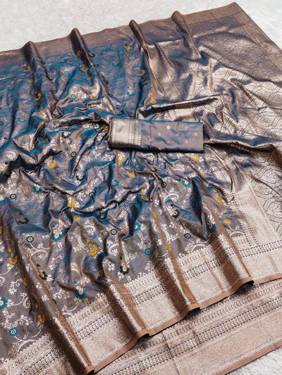 Lassitude Grey Soft Banarasi Silk Saree With Captivating Blouse Piece