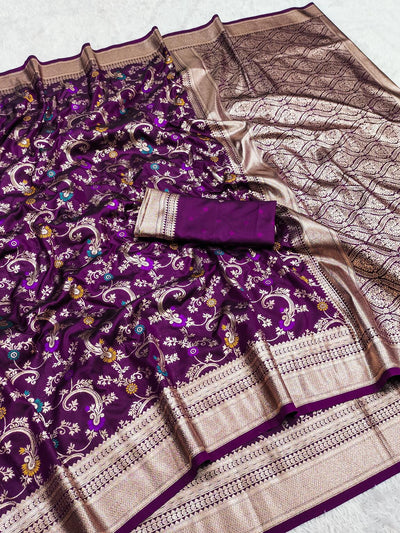 Jazzy Wine Soft Banarasi Silk Saree With Desirable Blouse Piece