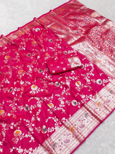 Opulent Dark Pink Soft Banarasi Silk Saree With Sizzling Blouse Piece