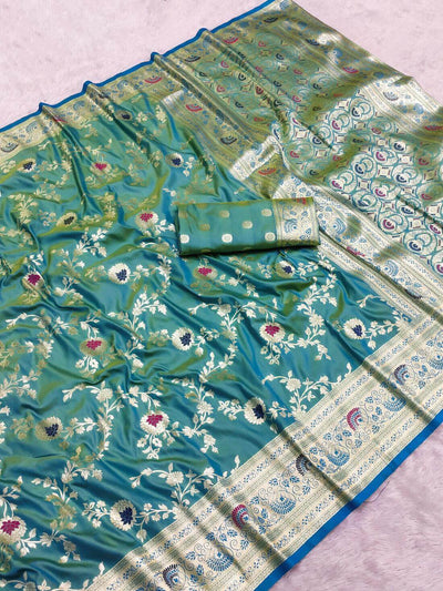 Panoply Sea Green Soft Banarasi Silk Saree With Opulent Blouse Piece