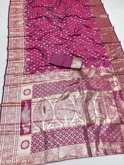 Artistic Pink Soft Banarasi Silk Saree With Elegant Blouse Piece