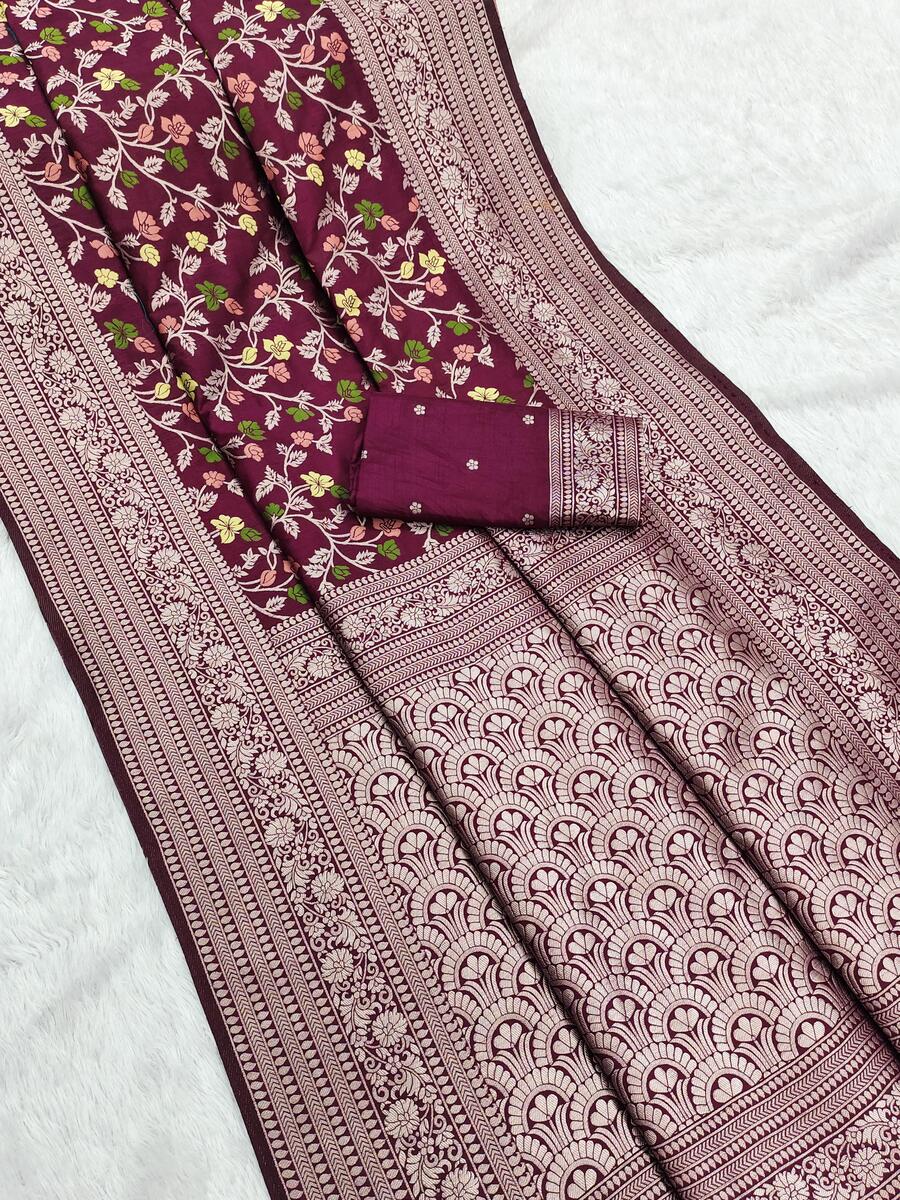 Demesne Wine Soft Banarasi Silk Saree With Stylish Blouse Piece