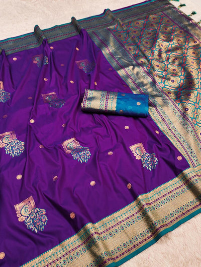 Lagniappe Purple Paithani Silk Saree With Assemblage Blouse Piece