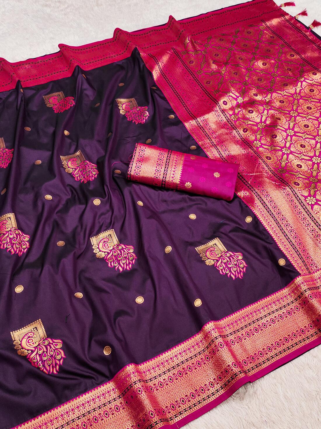 Serendipity Wine Paithani Silk Saree With Snappy Blouse Piece