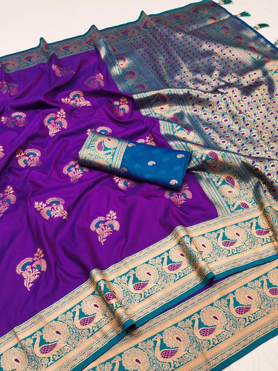Groovy Royal Purple Paithani Silk Saree With Grandiose Blouse Piece