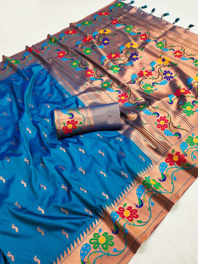 Elegant Blue Paithani Silk Saree With Sensational Blouse Piece