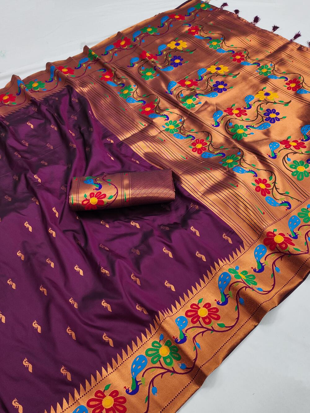 Pleasurable Wine Paithani Silk Saree With Symmetrical Blouse Piece