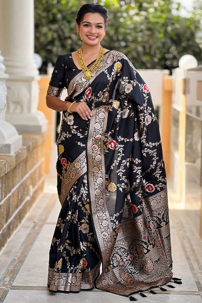 Flaunt Black Soft Banarasi Silk Saree With Outstanding Blouse Piece