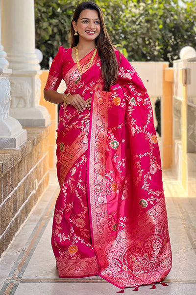 Adorable Dark Pink Soft Banarasi Silk Saree With Blissful Blouse Piece