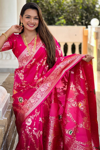 Adorable Dark Pink Soft Banarasi Silk Saree With Blissful Blouse Piece
