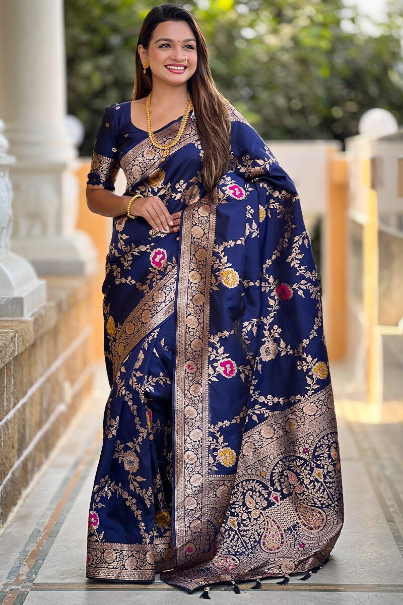 Stunner Navy Blue Soft Banarasi Silk Saree With Comely Blouse Piece