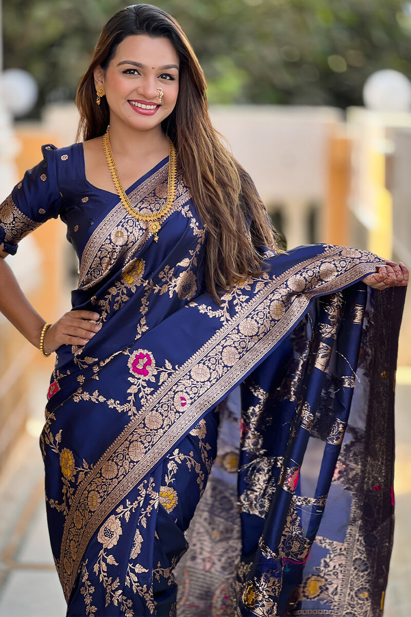 Stunner Navy Blue Soft Banarasi Silk Saree With Comely Blouse Piece