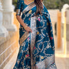 Effulgent Teal Blue Soft Banarasi Silk Saree With Embellished Blouse Piece
