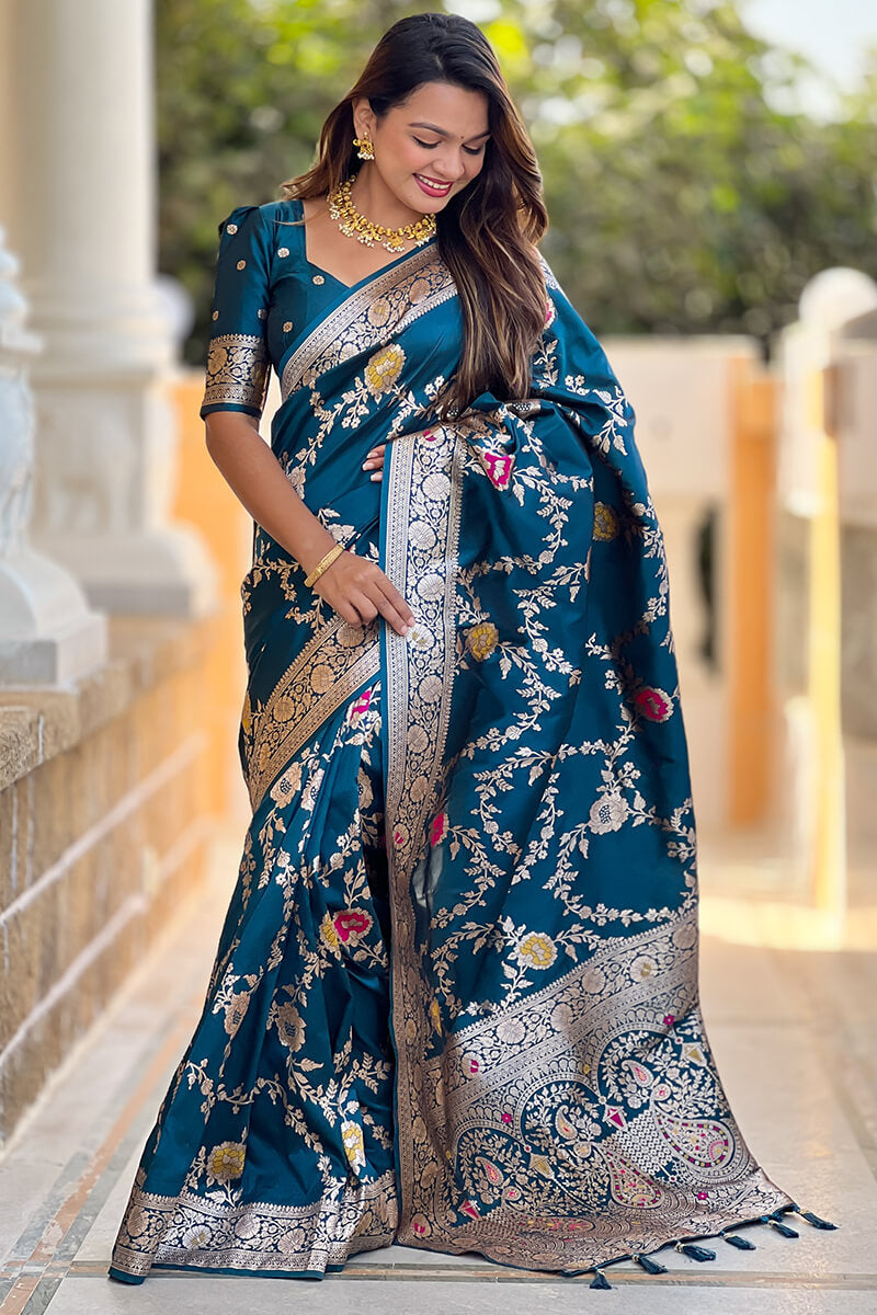 Effulgent Teal Blue Soft Banarasi Silk Saree With Embellished Blouse Piece