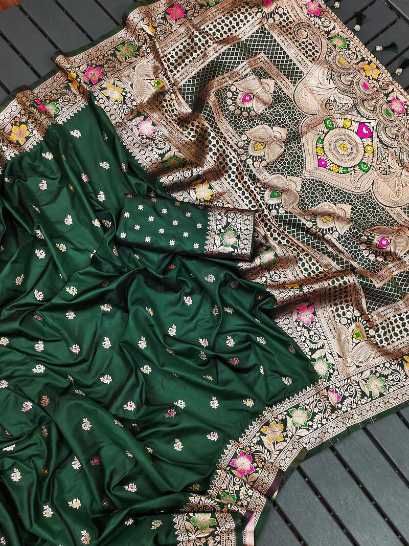 Gossamer Dark Green Soft Banarasi Silk Saree With Lagniappe Blouse Piece