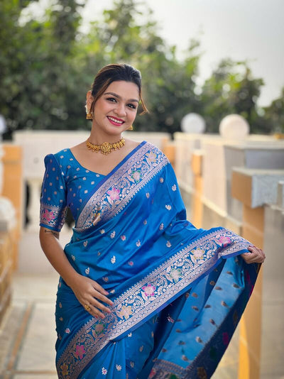 Palimpsest Firozi Soft Banarasi Silk Saree With Smashing Blouse Piece