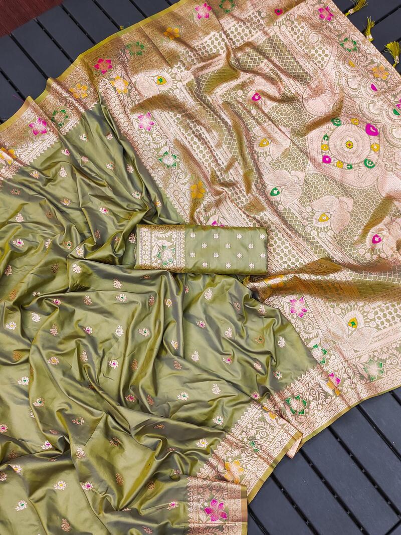 Imaginative Mehndi Soft Banarasi Silk Saree With Glittering Blouse Piece