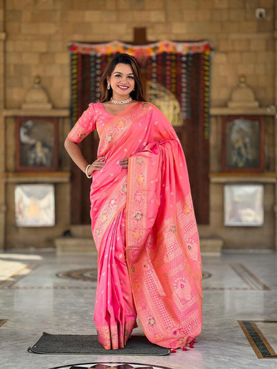 Lustrous Pink Soft Banarasi Silk Saree With Mellifluous Blouse Piece