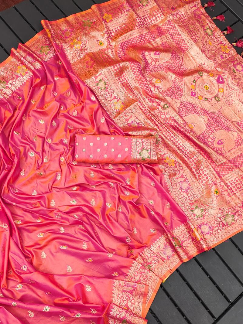 Lustrous Pink Soft Banarasi Silk Saree With Mellifluous Blouse Piece