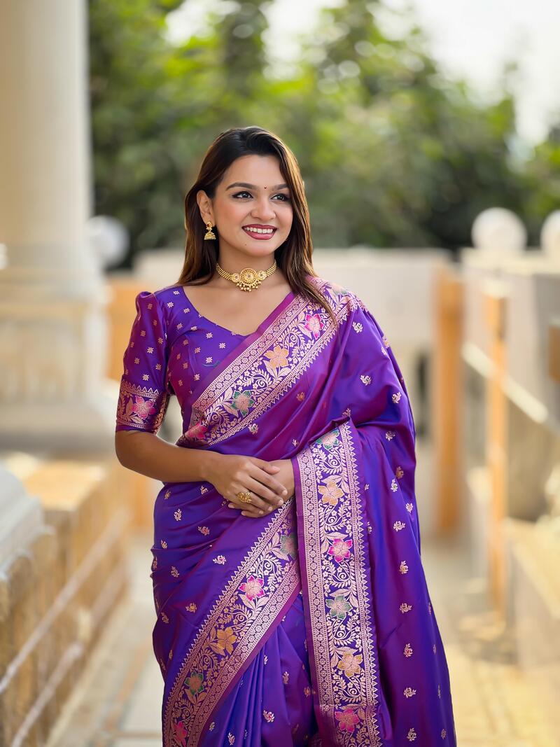 Nebula Purple Soft Banarasi Silk Saree With Scrupulous Blouse Piece