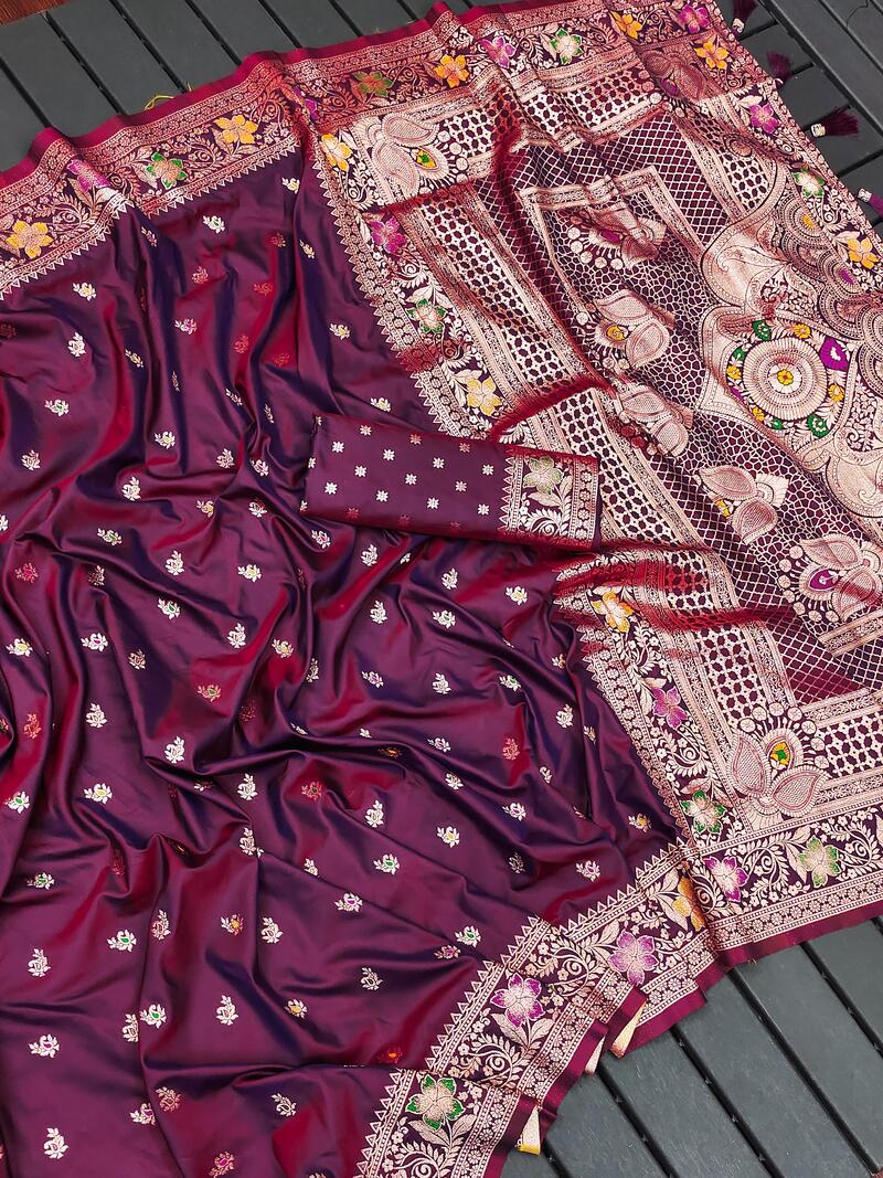 Sonorous Wine Soft Banarasi Silk Saree With Nectarous Blouse Piece