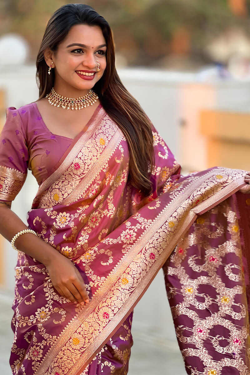 Mesmeric Purple Soft Banarasi Silk Saree With Ideal Blouse Piece