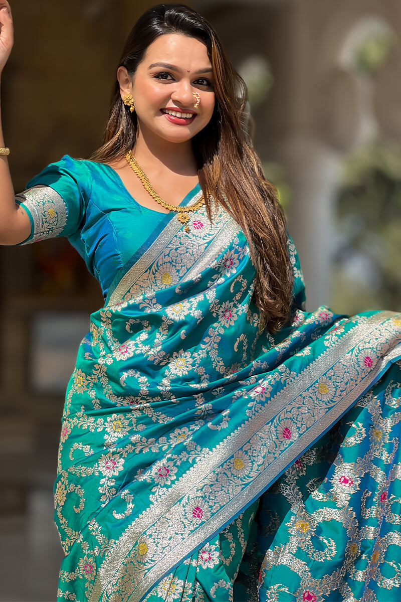 Divine Rama Soft Banarasi Silk Saree With Conflate Blouse Piece