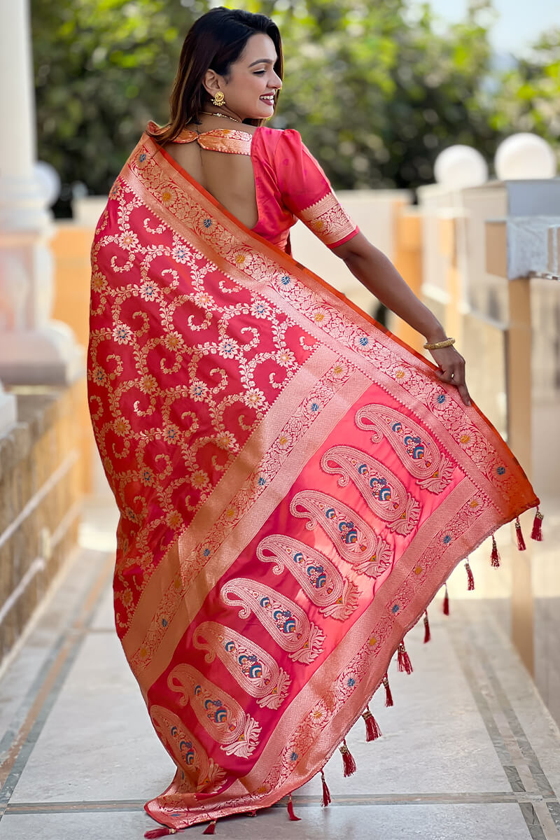 Bucolic Red Soft Banarasi Silk Saree With Conflate Blouse Piece
