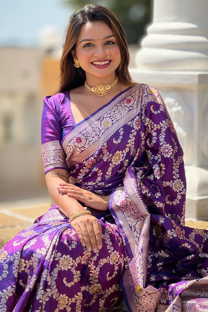 Evocative Royal Purple Soft Banarasi Silk Saree With Moiety Blouse Piece