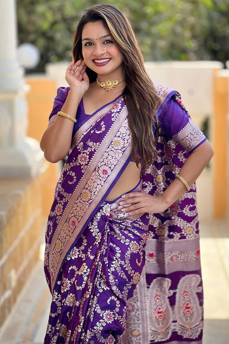 Evocative Royal Purple Soft Banarasi Silk Saree With Moiety Blouse Piece