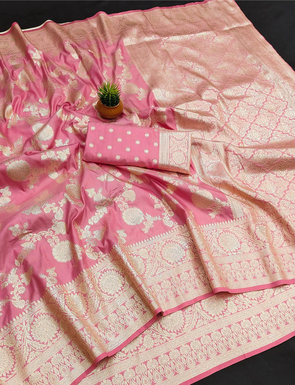 Opulent Pink Soft Banarasi Silk Saree With Opulent Blouse Piece