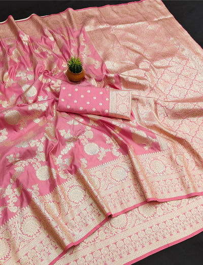 Opulent Pink Soft Banarasi Silk Saree With Opulent Blouse Piece