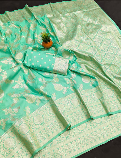 Fairytale Sea Green Soft Banarasi Silk Saree With Ideal Blouse Piece