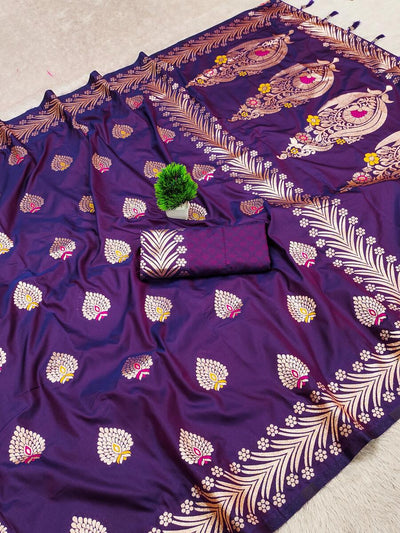 Incredible Royal Purple Soft Banarasi Silk Saree With Dalliance Blouse Piece