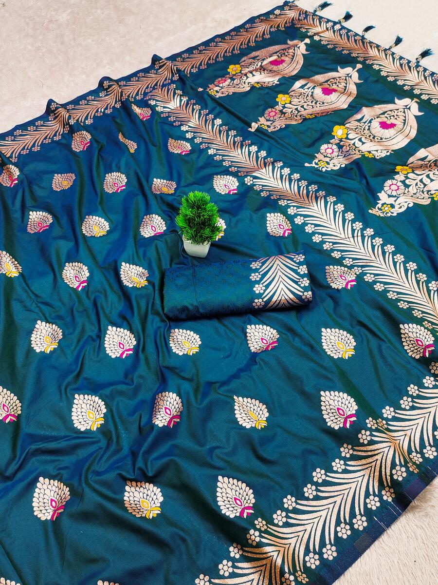 Embellished Teal Blue Soft Banarasi Silk Saree With Pleasant Blouse Piece