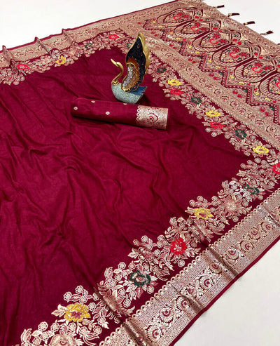 Engrossing Maroon Soft Banarasi Silk Saree With Rhapsody Blouse Piece
