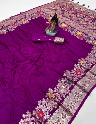 Enigmatic Purple Soft Banarasi Silk Saree With Embrocation Blouse Piece