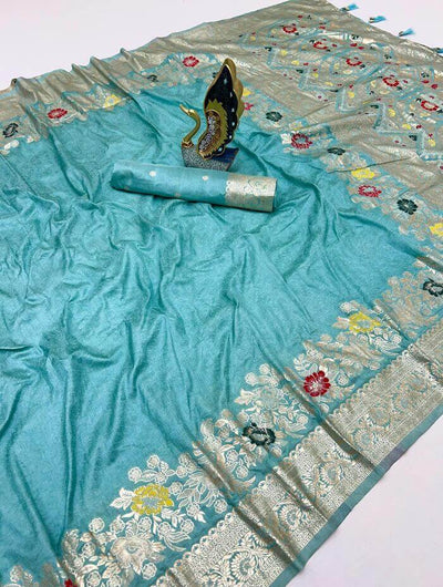 Aplomb Sky Soft Banarasi Silk Saree With Tremendous Blouse Piece