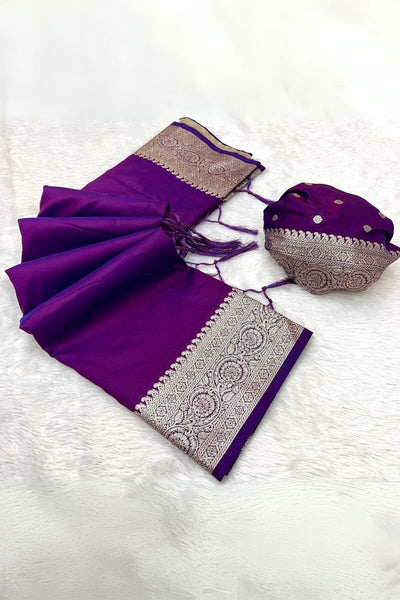 Pretty Purple Soft Banarasi Silk Saree With Ethnic Blouse Piece