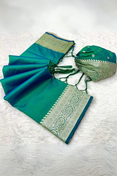 Cynosure Rama Soft Banarasi Silk Saree With Panache Blouse Piece