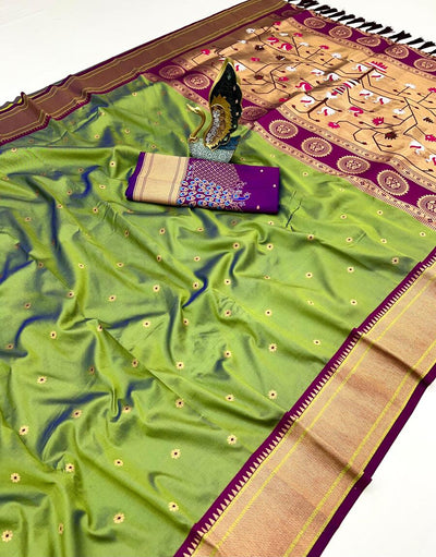 Prominent Green Paithani Silk Saree With Imbrication Blouse Piece