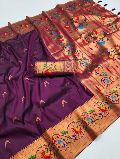 Smart Wine Paithani Silk Saree With Captivating Blouse Piece