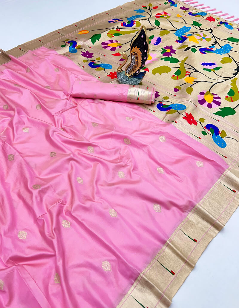 Sensational Baby Pink Paithani Silk Saree With Cynosure Blouse Piece