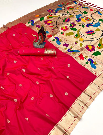 Mellifluous Dark Pink Paithani Silk Saree With Palimpsest Blouse Piece