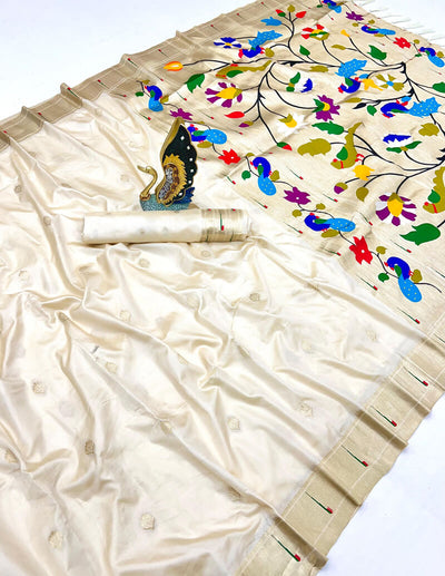 Inspiring Off White Paithani Silk Saree With Pleasant Blouse Piece