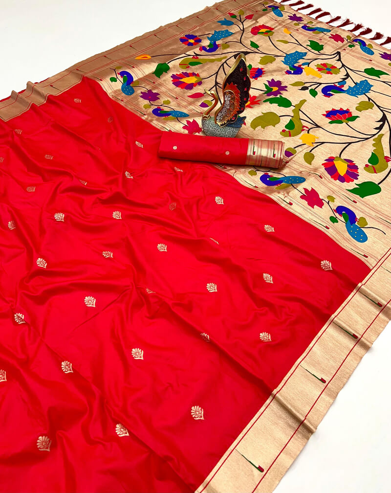 Gorgeous Red Paithani Silk Saree With Murmurous Blouse Piece